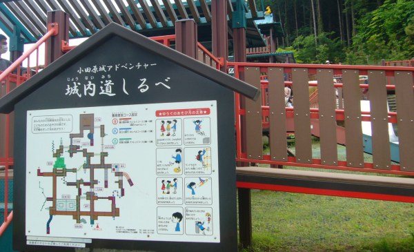 小田原城アドベンチャー看板には、いろいろな遊具の説明が書いてあります。